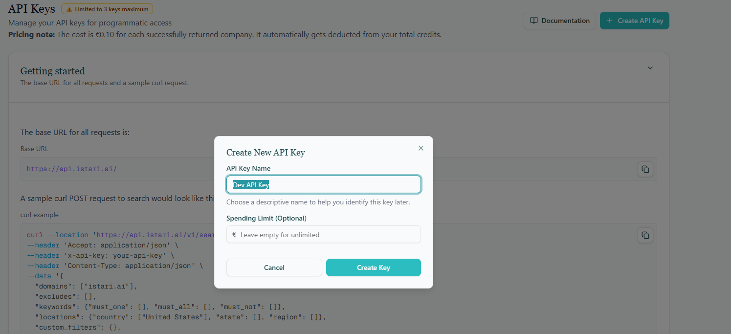 Create API key modal